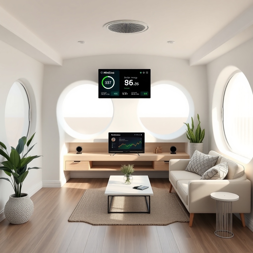 <clean photorealistic photo of MiniLive interior with a touchscreen dashboard showing sola