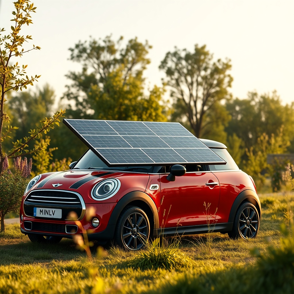 <clean photorealistic outdoor shot of MiniLive with solar panels on roof