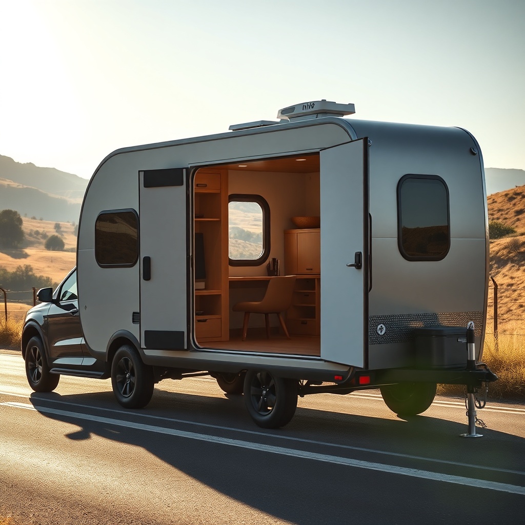 A photorealistic photo of a MiniLive Tiny House trailer being towed by a modern SUV on a s