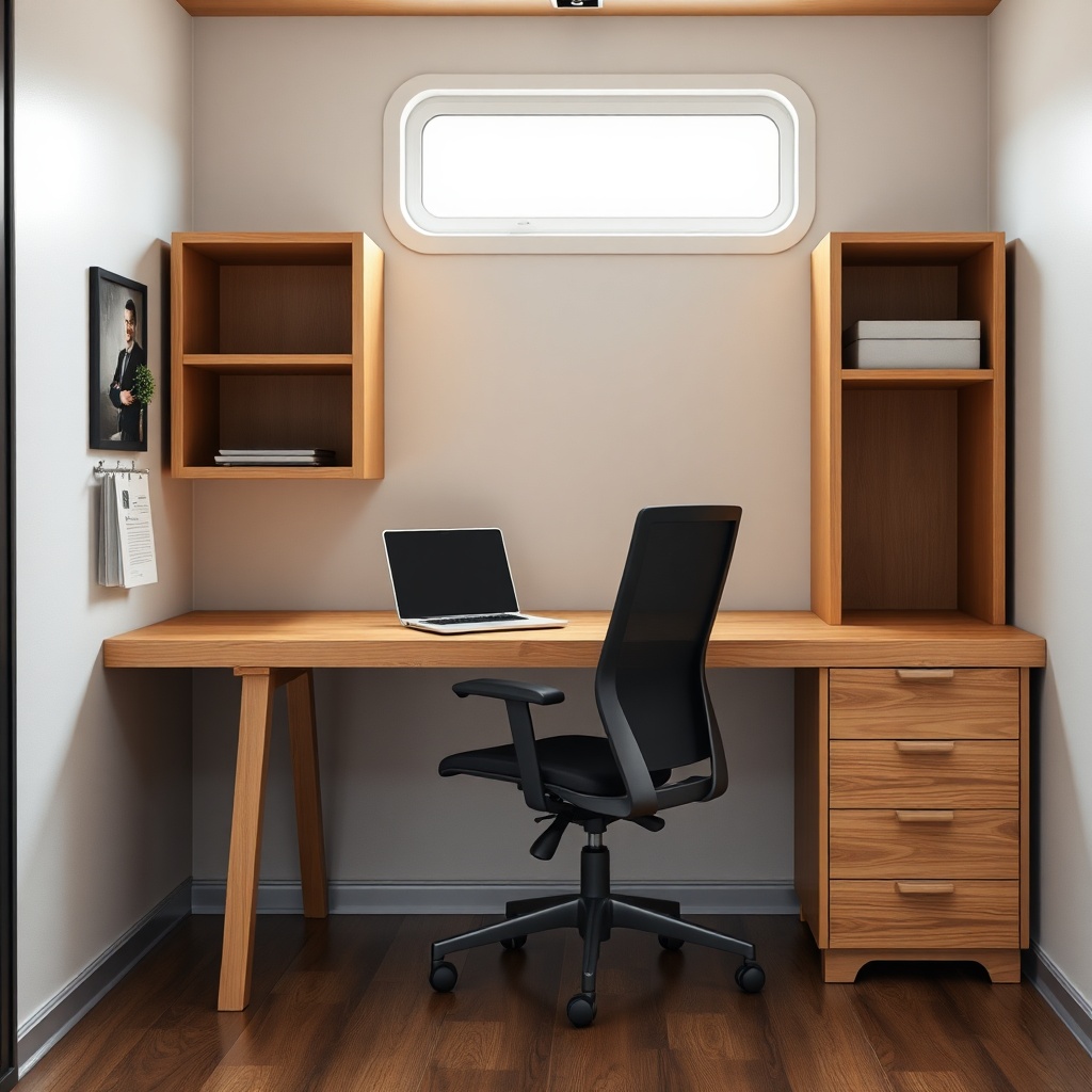 A photorealistic interior shot of a MiniLive mobile office after setup