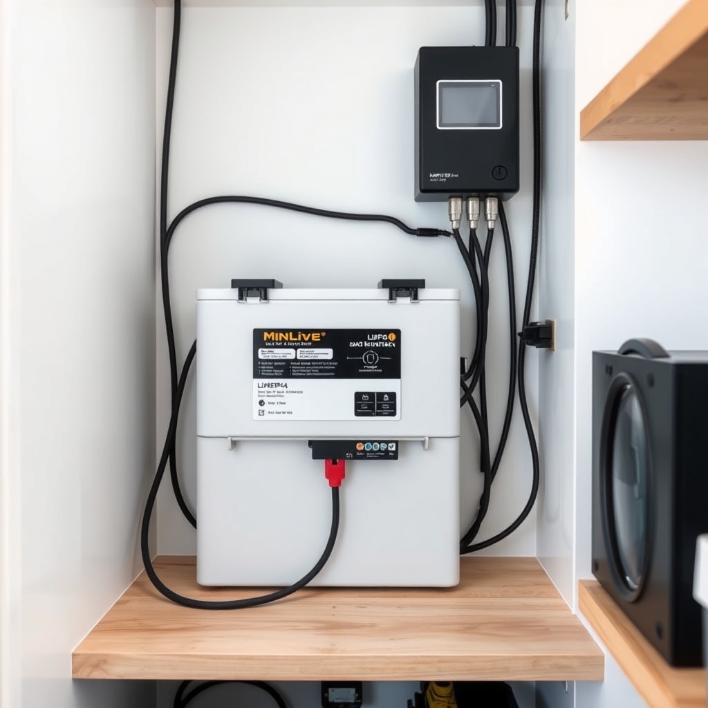 A clean photorealistic photo of a LiFePO4 battery installed inside a MiniLive tiny house