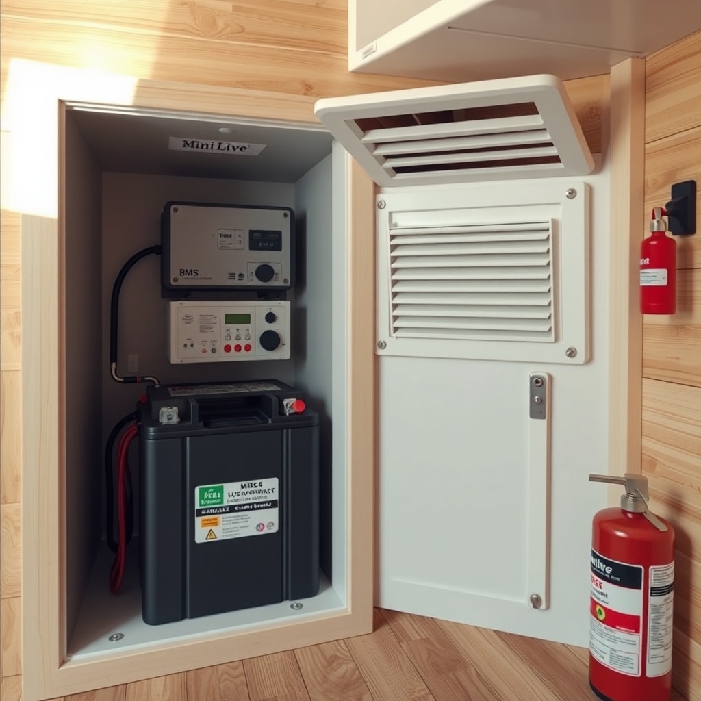 A clean photorealistic photo of a MiniLive tiny house interior showing a battery compartme