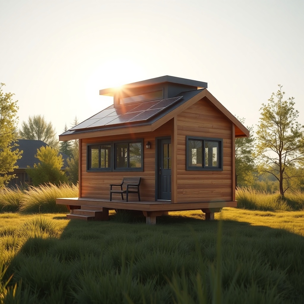 A photorealistic photo of a MiniLive tiny house with solar panels on the roof