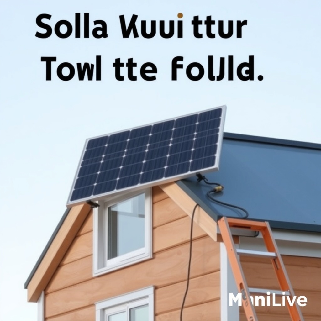 A photorealistic photo showing the installation of a solar panel on a MiniLive tiny house