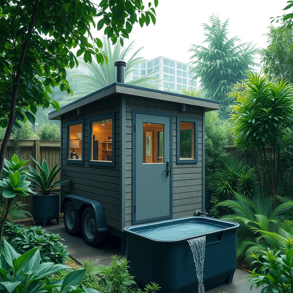 A photorealistic wide-angle shot of a MiniLive tiny house in a lush green garden
