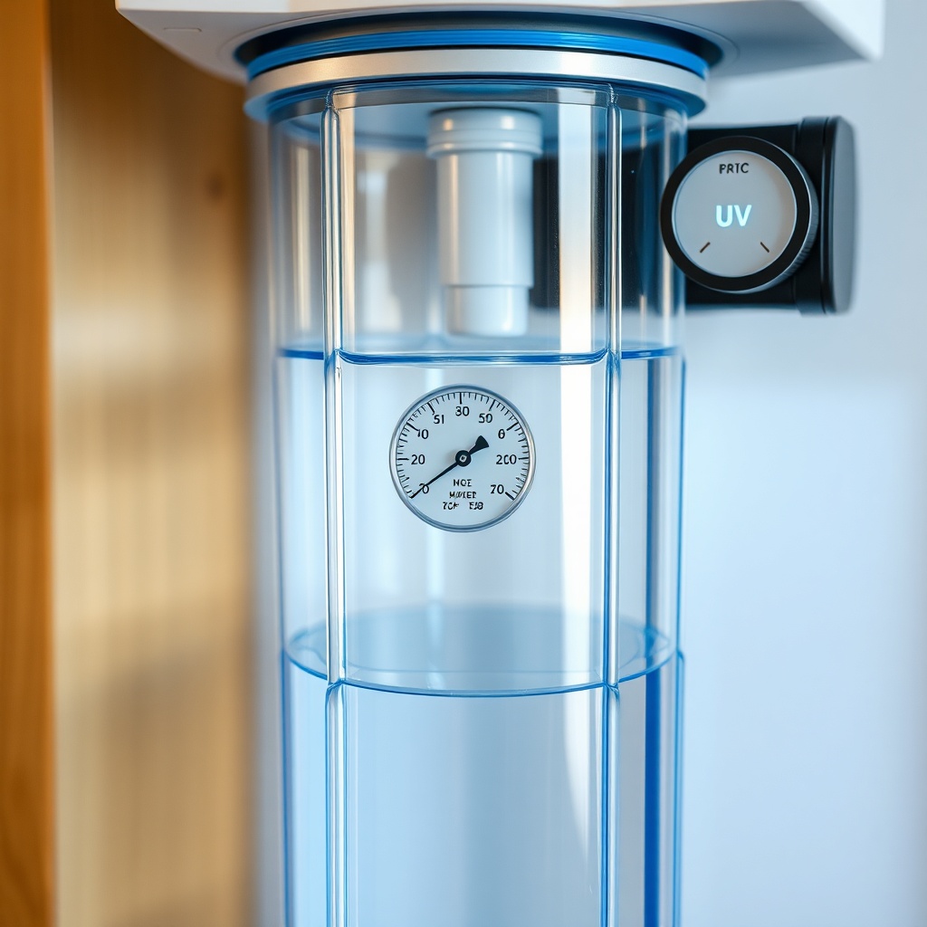 A close-up photorealistic photo of a MiniLive tiny house’s water filter system with a tran