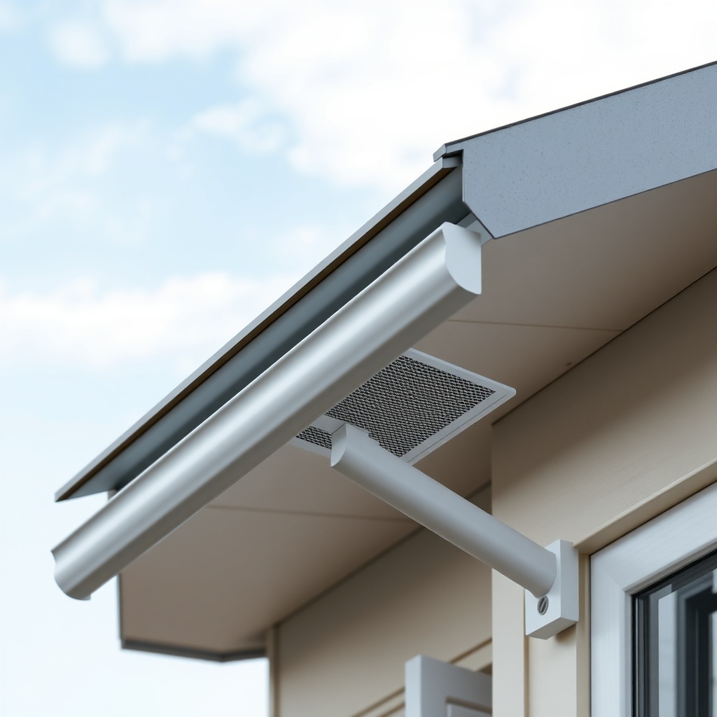 Close-up of a MiniLive tiny house roof with rain gutters and a downspout filter