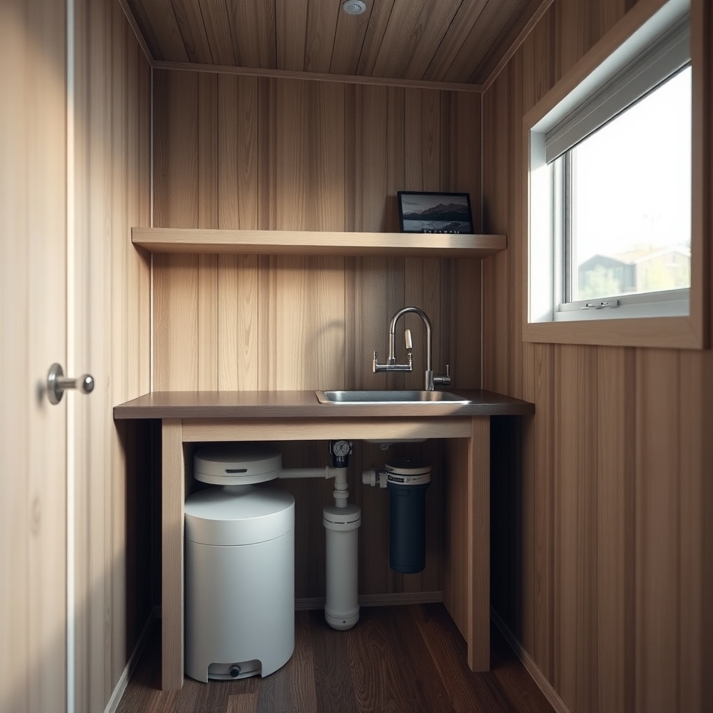 Photorealistic interior of a MiniLive tiny house showing a compact water tank and filtrati