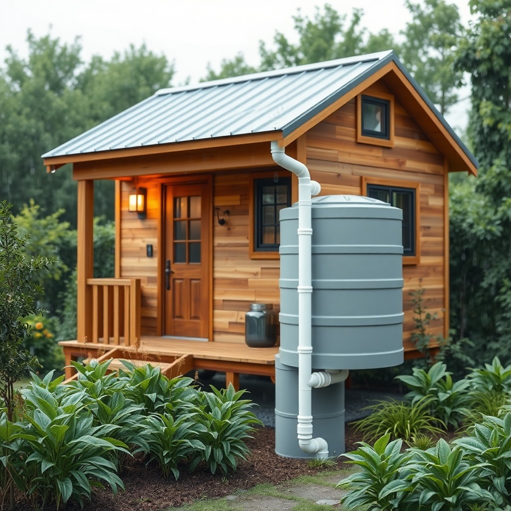 A photorealistic photo showing a MiniLive tiny house with a visible rainwater collection s