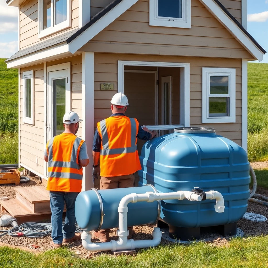 A photorealistic photo showing a MiniLive tiny house during installation; workers in orang