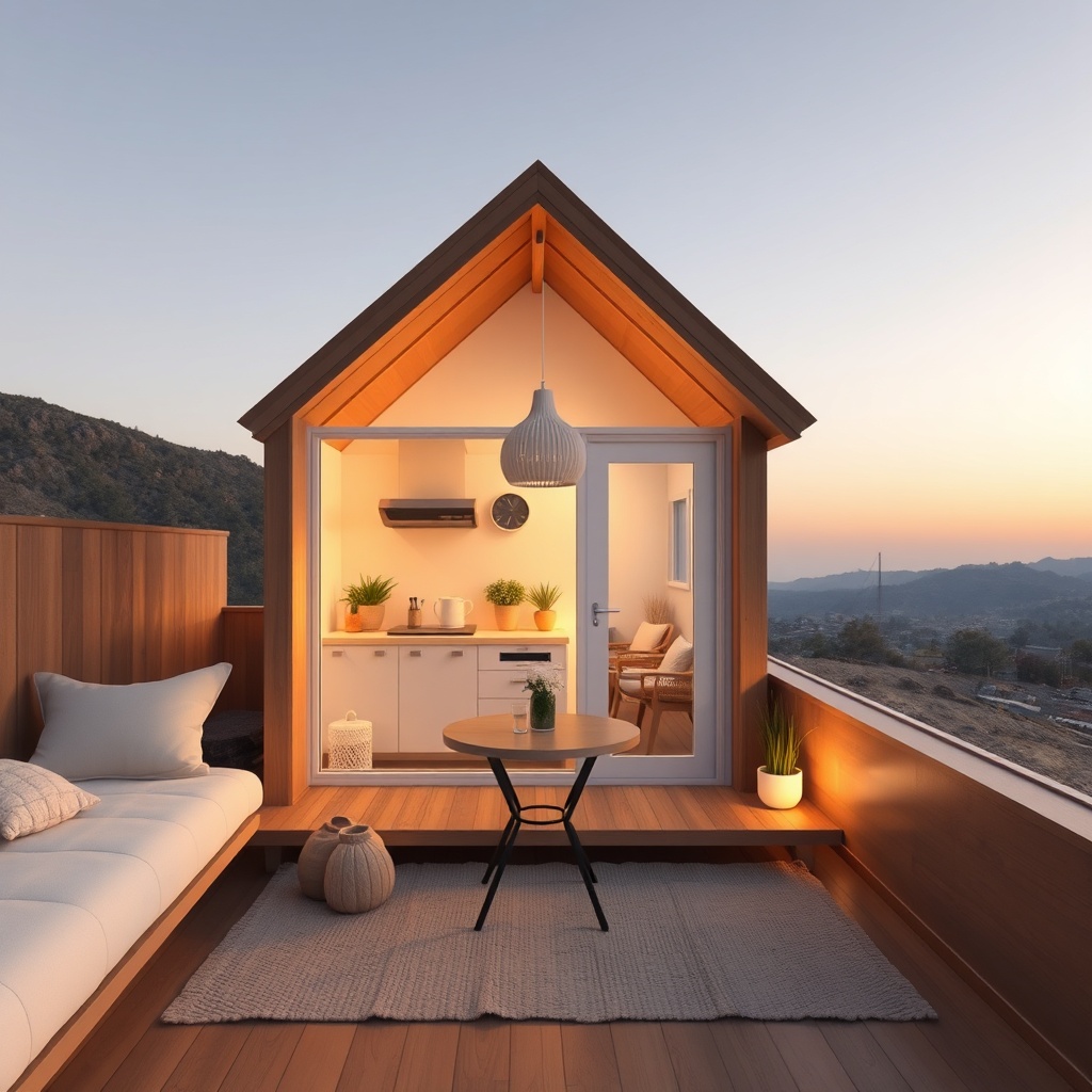 MiniLive tiny house'un çatısında biriken yağmur sularının oluklardan geçerek mavi bir filt