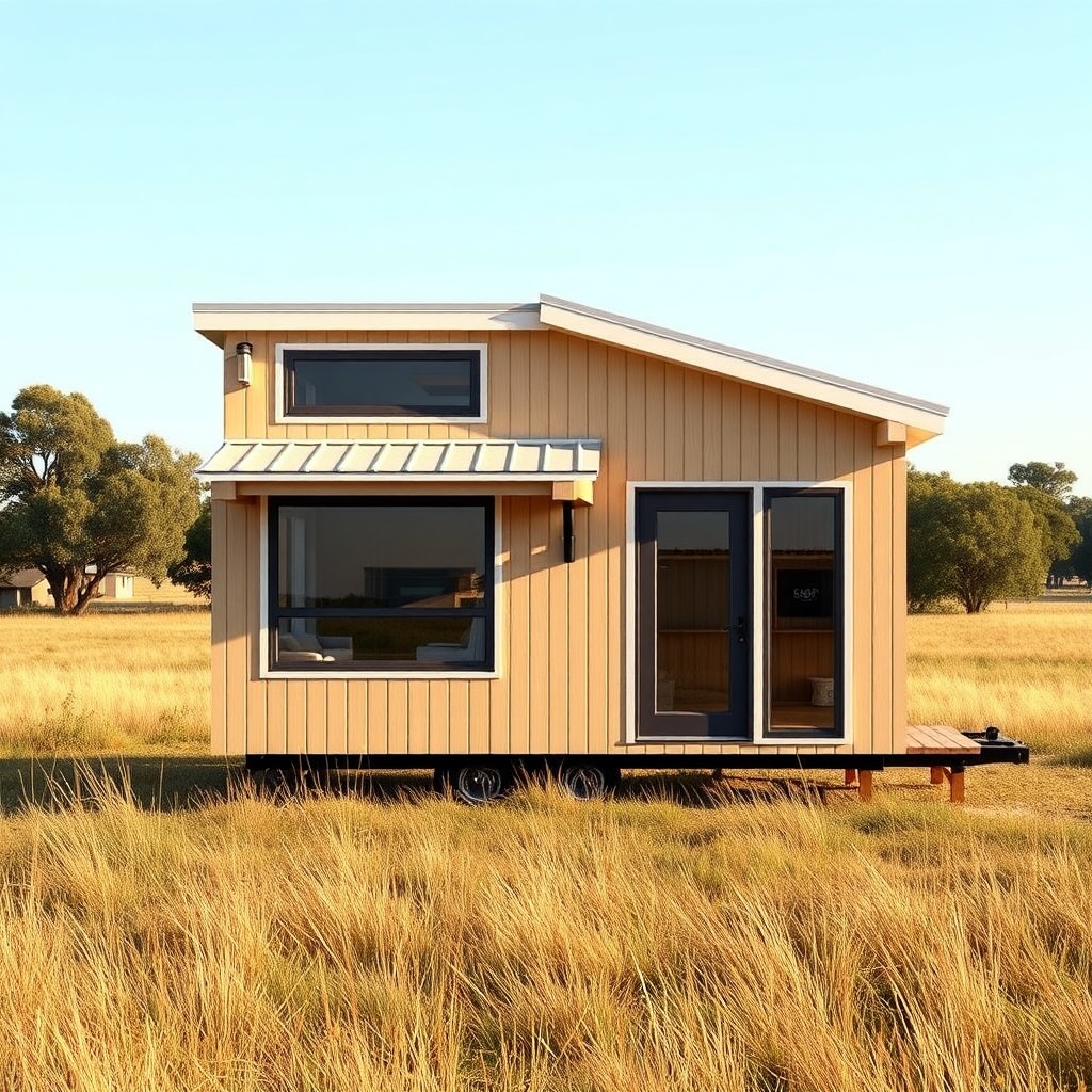 A photorealistic shot of a modern MiniLive tiny house in a sunny rural landscape