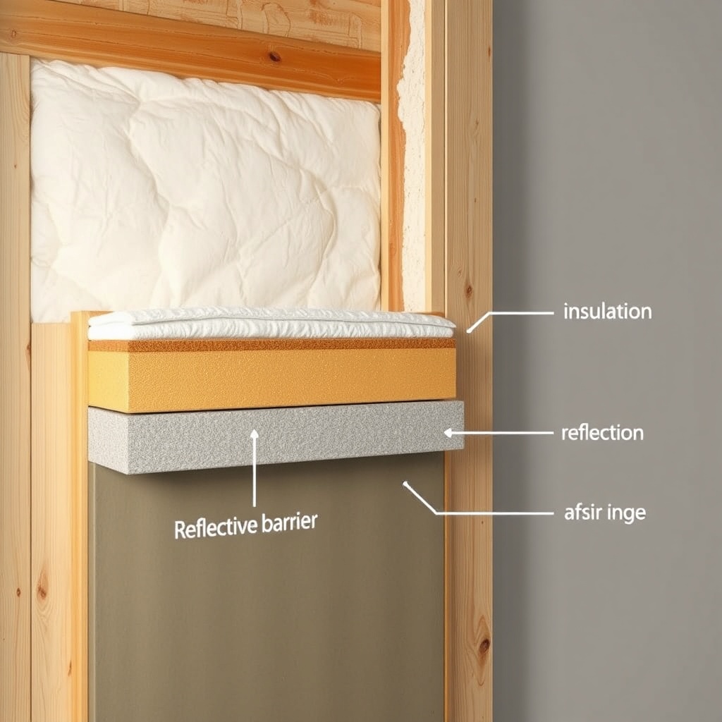 A detailed cross-section view of a tiny house wall showing layers of insulation and reflec